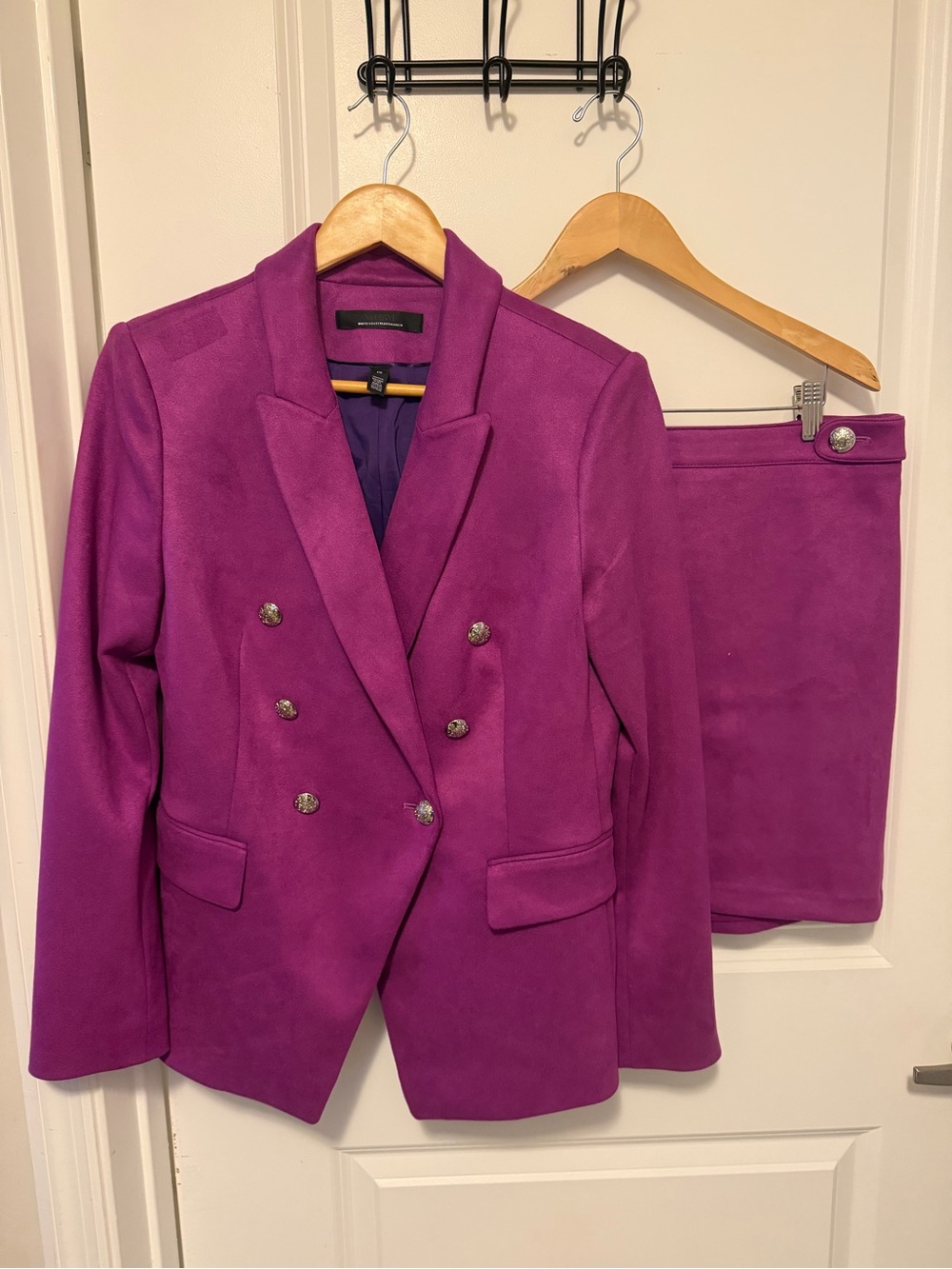 White House Black Market Fuchsia Double-Breasted Blazer w matching skirt. - Picture 5 of 14
